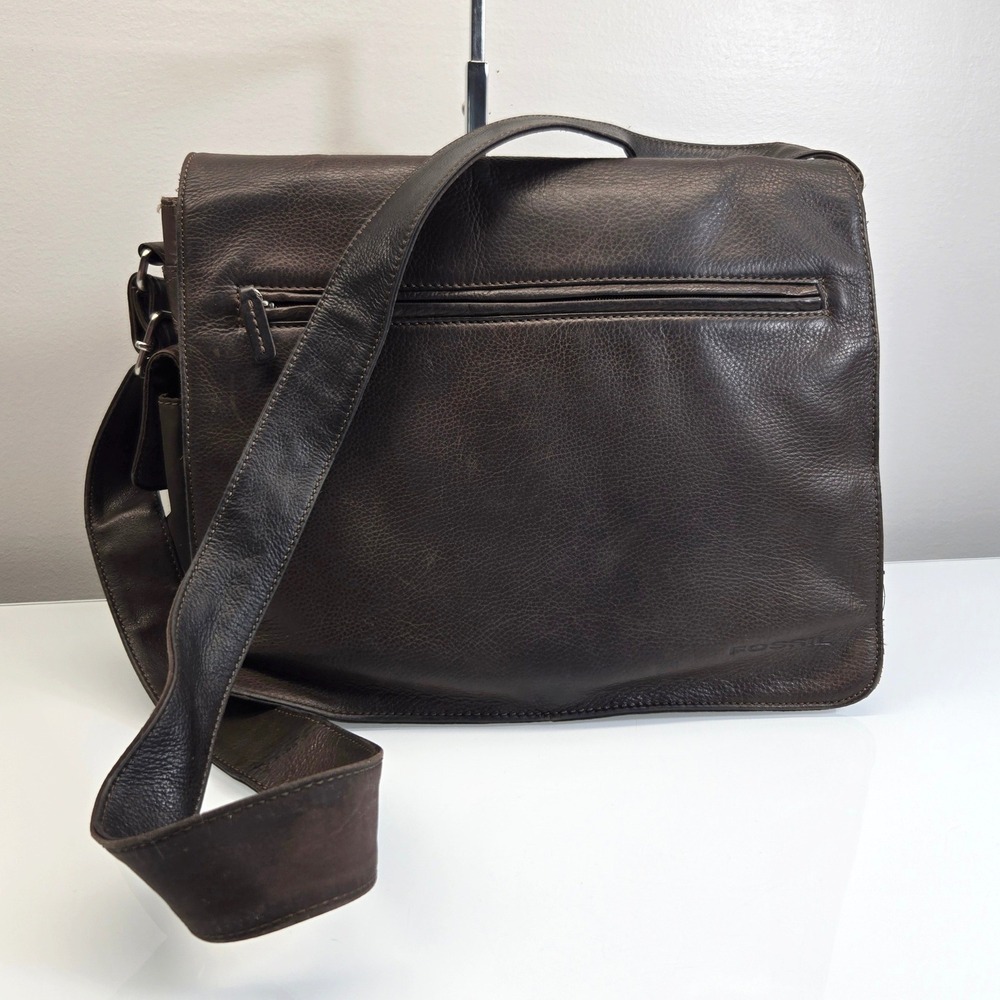 Fossil Messenger Bag Medium Chocolate Brown Leather Crossbody Laptop Briefcase